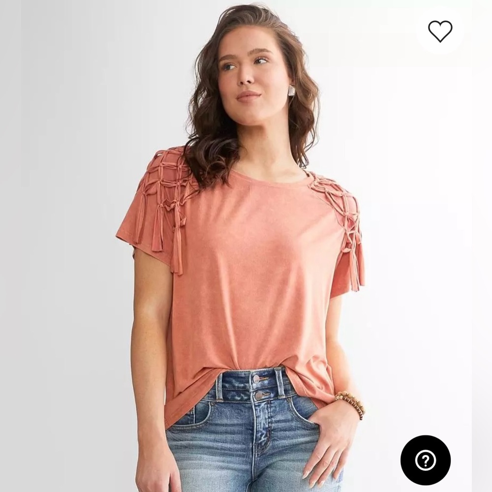 NEW Sterling & Stitch Macrame Fringe Sleeve T-Shirt in Canyon Rose Size Small